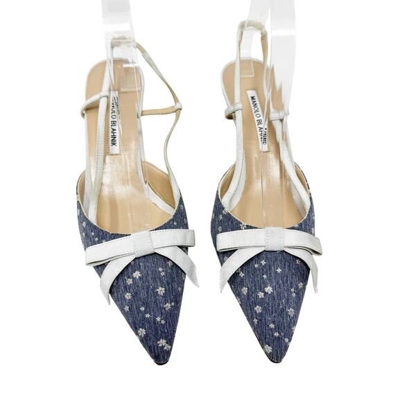 Manolo Blahnik Floral Bow Slingback Heels EU 40 Blue Grosgrain Trim Vintage - Picture 2 of 8